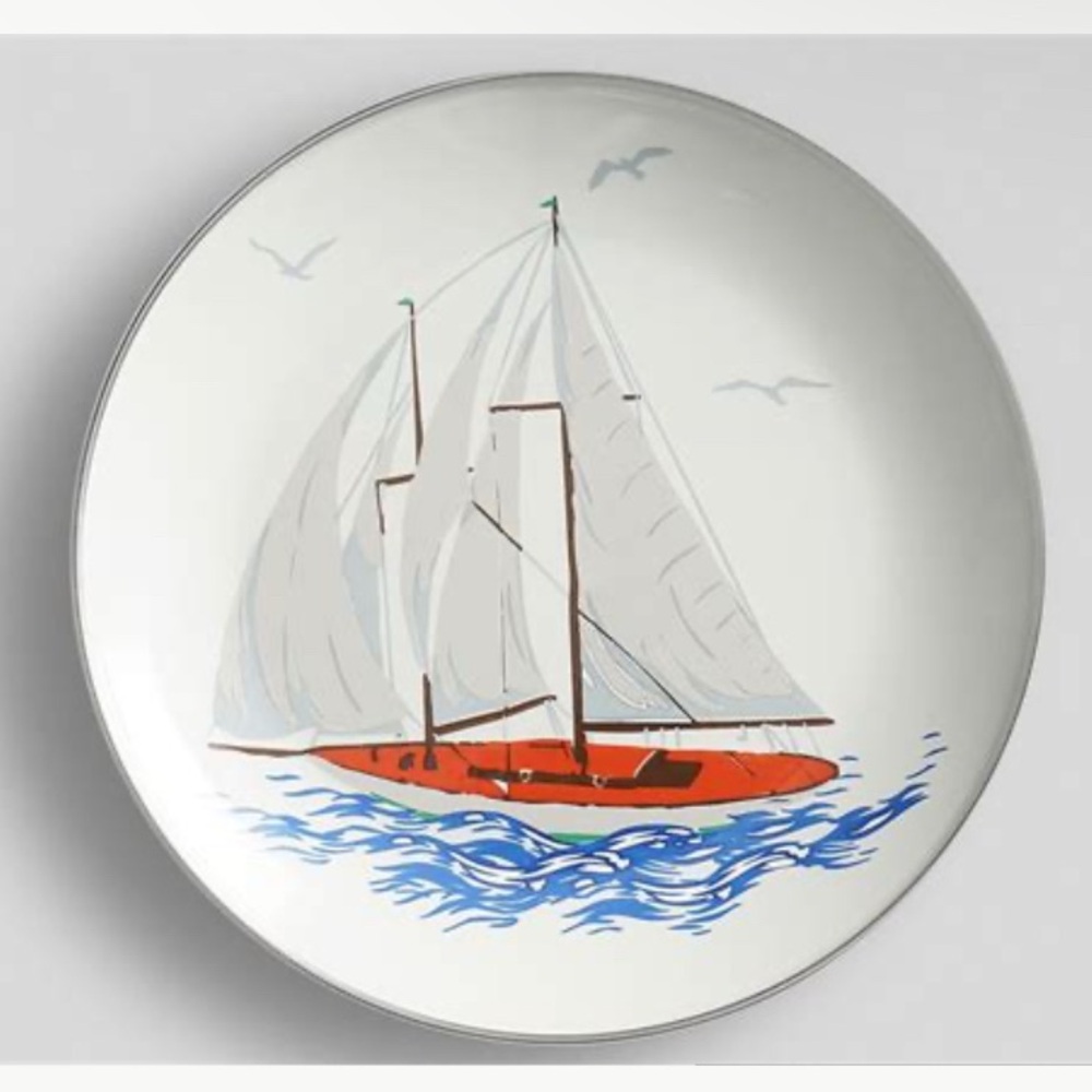 Set of 6 Pottery Barn Nautical Plate with Red and Blue Sailboat Design